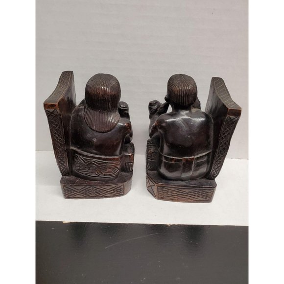 Vintage Carved Wood Book Ends - Thinking Pipe Smok - Picture 3 of 6